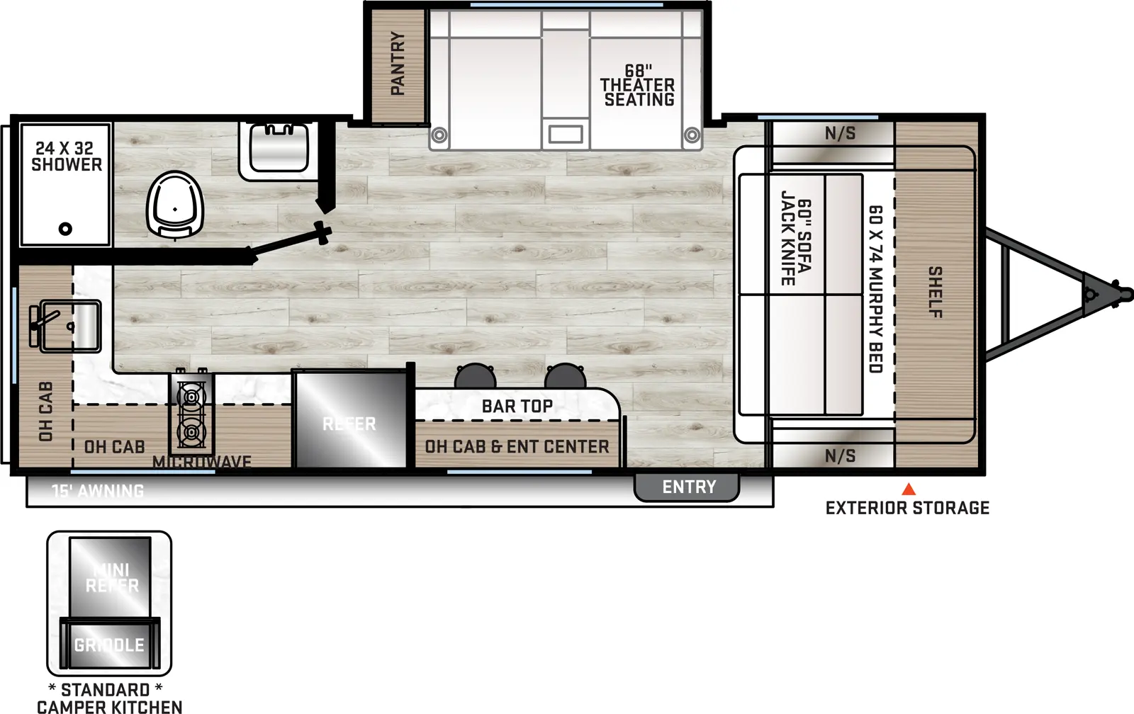 The 184RBS has one slideout and one entry. Exterior features front storage, 15 foot awning, and camper kitchen. Interior layout front to back: murphy bed/jackknife sofa with overhead shelf and nightstands on each side; off-door side slideout with theater seating and pantry; door side entry, bartop with storage below and stools, overhead cabinet and entertainment center, refrigerator, and kitchen counter with cooktop, overhead cabinet, and microwave that wraps to rear with sink; rear off-door side full bathroom.